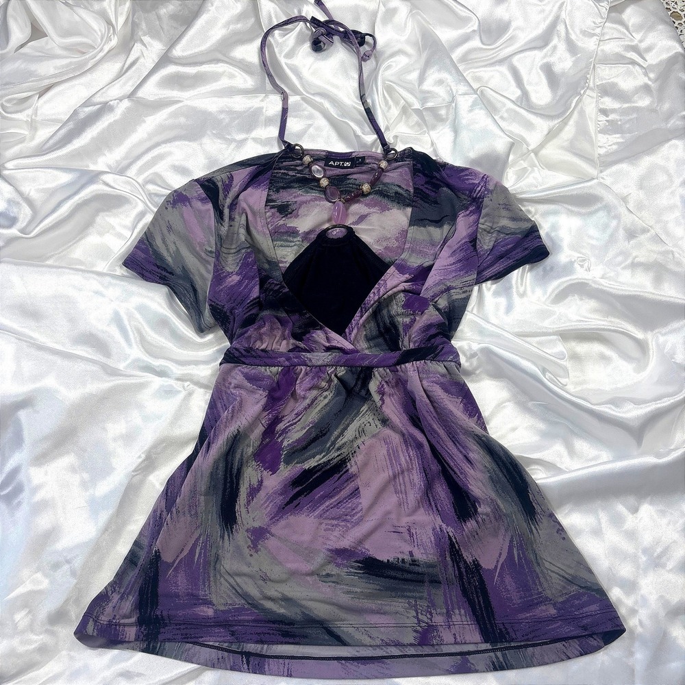 Apt. 9 Womens Purple Abstract V-Neck Tunic Top Beaded Halter Detail Small